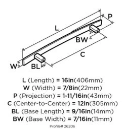 Amerock Cyprus 12 Inch Center To Center Appliance Pull Oil Rubbed Bronze -Cabinet Hardware Store amerock bp26206 dimensions of back view 672