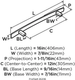 Amerock Cyprus 12 Inch Center To Center Appliance Pull Oil Rubbed Bronze -Cabinet Hardware Store amerock bp26206 dimensions rear view 442