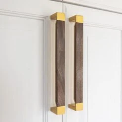 Belwith Keeler Fuse 12" Center To Center Urban Wood And Metal Appliance Handle / Appliance Pull Brushed Golden Brass / Black Wood -Cabinet Hardware Store belwith appliance fuse life1