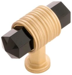 Belwith Keeler Chrysalis 1-7/8 Inch "T" Bar Designer Glass Cabinet Knob / Drawer Knob With Jewelry Wire-Wrap Inspiration Brushed Golden Brass With Opaque Black Glass