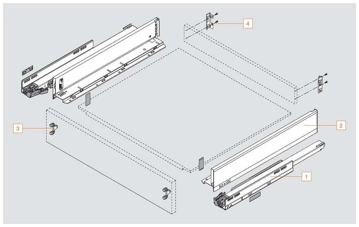 Blum LEGRABOX 22" L X 3-9/16" H Full Extension Concealed Drawer System Kit Brushed Stainless Steel 7 Blum LEGRABOX 22" L X 3-9/16" H Full Extension Concealed Drawer System Kit Brushed Stainless Steel - Image 5