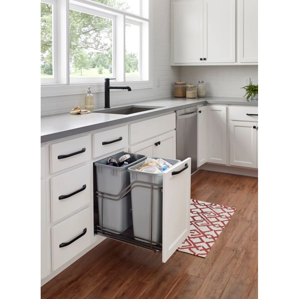 Hardware Resources 15" Bottom Mount 35 Qt Double Bin Pull Out Trash Can With Full Extension And Soft Close Slides - Bins / Cans Included Polished Chrome / Grey 7 Hardware Resources 15" Bottom Mount 35 Qt Double Bin Pull Out Trash Can With Full Extension And Soft Close Slides - Bins / Cans Included Polished Chrome / Grey - Image 5