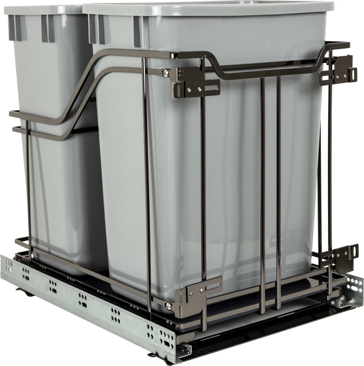 Hardware Resources 15" Bottom Mount 35 Qt Double Bin Pull Out Trash Can With Full Extension And Soft Close Slides - Bins / Cans Included Polished Chrome / Grey 8 Hardware Resources 15" Bottom Mount 35 Qt Double Bin Pull Out Trash Can With Full Extension And Soft Close Slides - Bins / Cans Included Polished Chrome / Grey - Image 6