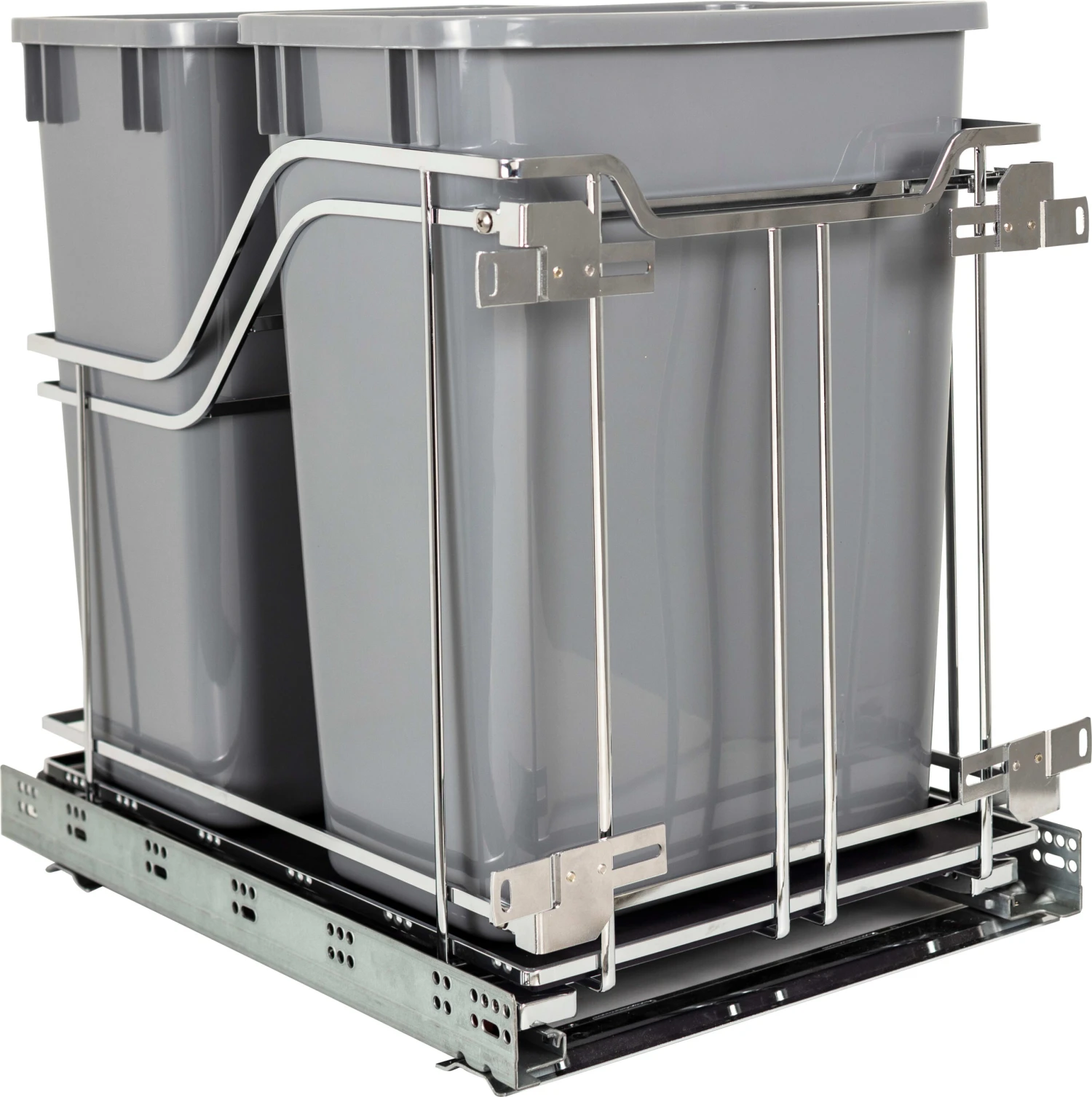 Hardware Resources 15" Bottom Mount 35 Qt Double Bin Pull Out Trash Can With Full Extension And Soft Close Slides - Bins / Cans Included Polished Chrome / Grey 3 Hardware Resources 15" Bottom Mount 35 Qt Double Bin Pull Out Trash Can With Full Extension And Soft Close Slides - Bins / Cans Included Polished Chrome / Grey