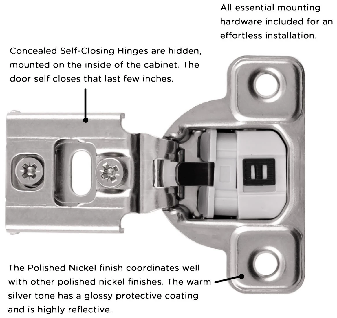 Hickory Hardware (10) Pairs - 1/4 Inch Overlay Concealed Euro Cabinet Door Hinge With 106 Degree Opening Angle And Self Close Function - Total 20 Polished Nickel 5 Hickory Hardware (10) Pairs - 1/4 Inch Overlay Concealed Euro Cabinet Door Hinge With 106 Degree Opening Angle And Self Close Function - Total 20 Polished Nickel - Image 3