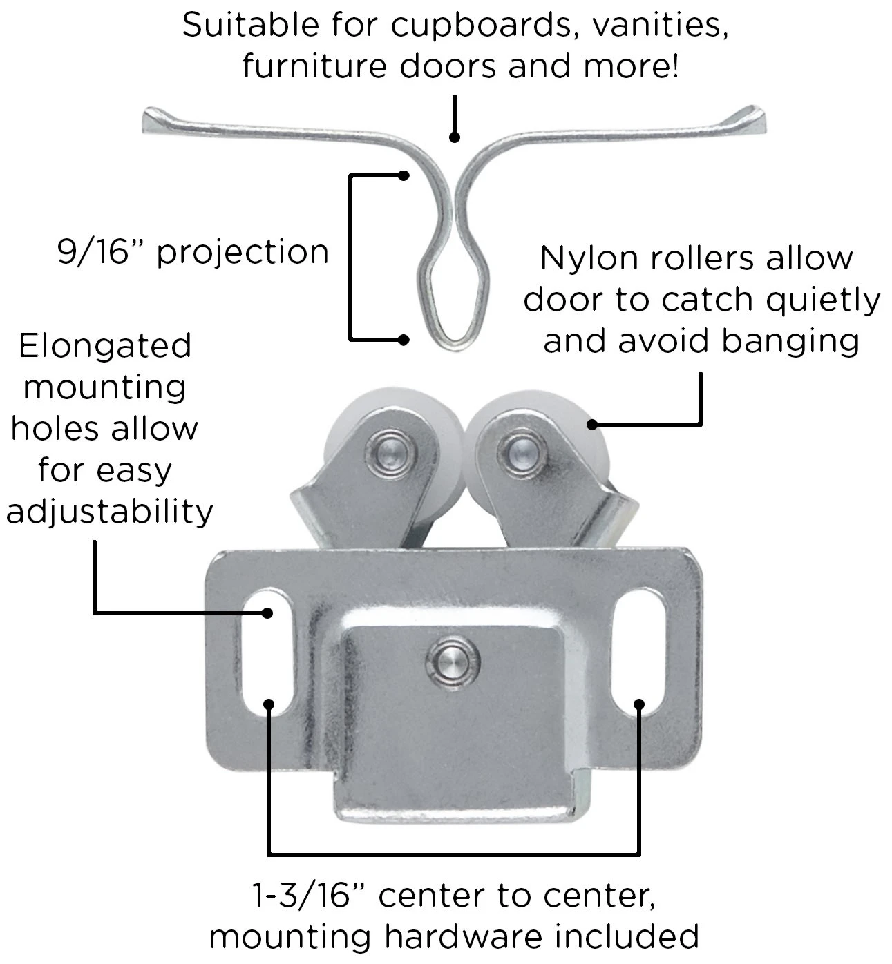 Hickory Hardware Pack Of (25) - 1-1/4" Long 15/16" Center To Center Roller Cabinet Catch With Strike Cadmium 6 Hickory Hardware Pack Of (25) - 1-1/4" Long 15/16" Center To Center Roller Cabinet Catch With Strike Cadmium - Image 4