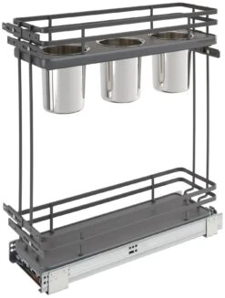 Rev-A-Shelf 5322UT Series 7-1/2 Inch Pull Out 2 Tier Wire Cabinet Organizer With Utensil Bins And Soft Close Orion Gray