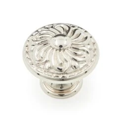 RK International Augustine 1 3/8" (1.375") Traditional Flower Mold Solid Brass Cabinet Knob / Drawer Knob Polished Nickel