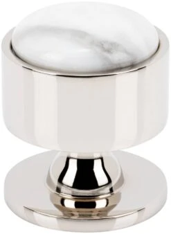 Vesta Fine Hardware FireSky Solid Brass 1-3/8" Round Designer Cabinet Knob With Carrara White Marble Stone Insert Polished Nickel